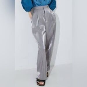 Zara Shiny Organza Silver Wide Leg Dress Pants